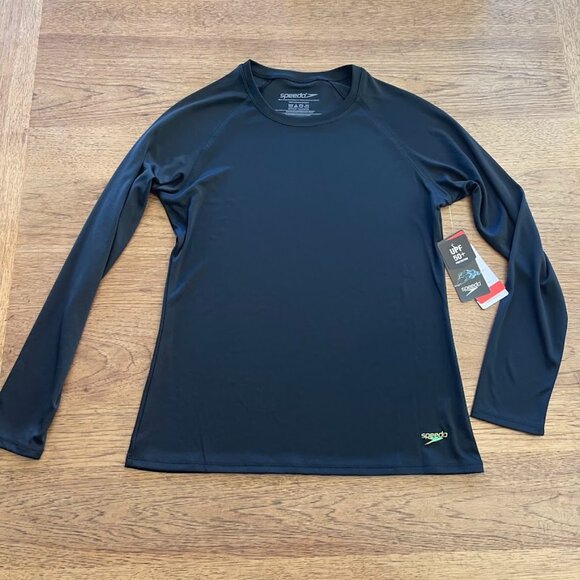 Speedo Black Logo SMALL Women's Long Sleeve Swim Tee Top Crew Neck NWT 313 - Picture 1 of 2